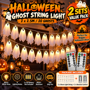 🔥MYStock🔥2.5M Halloween Hanging Ghost Lights 10LED Remote Control 8 Modes Haunted House Home Party Decoration
