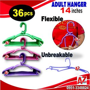 UNBREAKABLE Hanger colored 36 PCS/ 3 Dozen- For Adults 14 INCHES-UNBREKABLE & FLEXIBLE
