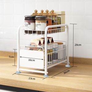 Kitchen Undersink Organizer Rack 2 Layer Under Sink Storage Cabinet Sliding Drawer Storage Rack Desktop Condiment Spice Racks Removable Storage Basket
