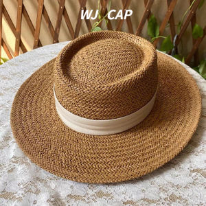 【WJ】 French straw hat summer seaside hat vacation beach hat straw woven sun shading hat versatile retro flat top hat