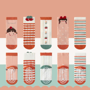 KUCHAR 5 Pairs Kids Cute Cartoon Non-slip Socks with Silicone Dots Breathable Girls Cotton Ankle Sock