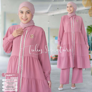 Tulus Signature Gasani Set LD 110 Oneset Wanita Muslim Setelan Celana & Tunik Crinkle Airflow Import Polos Lengan Panjang Busui Friendly