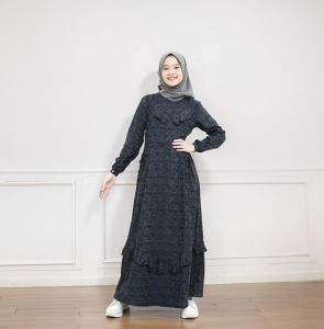 Terbaru Rauna Gamis Remaja RGR 25 Hitam Jacquard Adem Busui Wudhu Friendly Tali Pinggang Saku