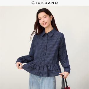 Giordano Beau Monde Women Ruffle hem long sleeve grid shirt Free Shipping 13346621