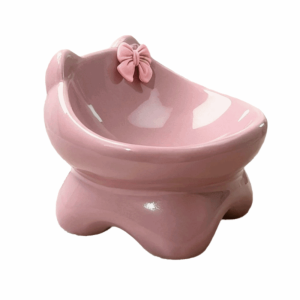 OUTOPEN Slanted Design Ceramic Cat Bowl Solid Color High-leg Neck Support Dog Food Bowl Super Cute Bowknot Food Feeding Bowl Cat Supplies