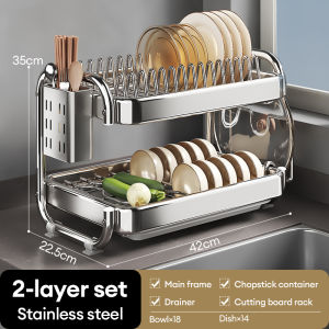 ICIC 2/3 Tiers 304 Stainless Steel Dish Rack Dish Drying Rack Chopping Board Chopsticks Storage Kitchen Drain Storage Rack Dish Drainer
