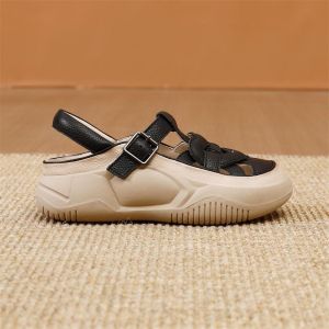 Leather Hollow Out Soft Thick Sole Sports Flat Sole Sandals for Womens Summer Vintage Buckle Roman Sandals