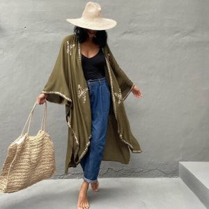 2026 New Embroidery Kimono Women Elegant Open Front Kaftan Cover-Ups Boho Vibe Duster Belt Coat Fancy Overdress Resortwear Robe