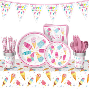 Summer ice cream themed party decoration disposable paper plate paper cup birthday flag banner tablecloth