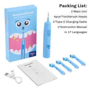 FCChildrens Rotating Electric Toothbrush with 4 Heads Cartoon Round Toothbrush Deep Cleaning USB Rechargeable for Kids