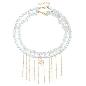 Womens Vintage Style Pearls Choker Necklace with Elegant Tassels Handmade Layered Design Collarbone Chain Jewelry