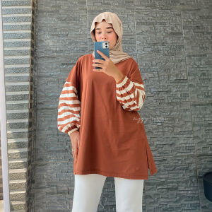 Stellon Blouse Oversize Kaos Kekinian Lengan Salur Balon Karet Jumbo LD 125cm T-shirt Wanita Ziggy
