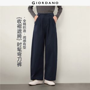 GIORDANO Women Pants Pleated Half Elastic Waist Barrel Pants 100% Cotton Loose Fit Fashionable Casual Pants 13416713