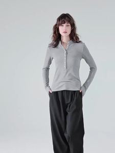 2025 Autumn New Long Sleeve Henley Shirt t Womens Shirt with Regular Shoulder Buttons Slim Fit Knitted Base Shirt