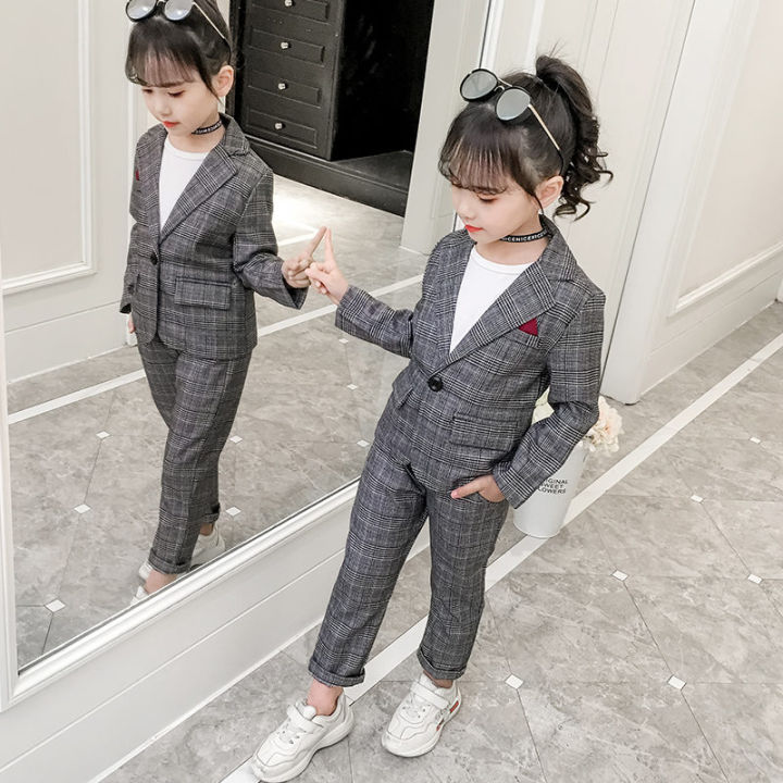 Ready Stock】Fashion Wedding Kids Suit for Girls Formal Pant Suits for  Teenagers 2PCS Blazer Set Brand Plaid Children Blazer 4 5 7 9 11 13T