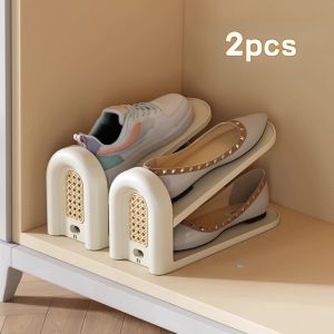 Vintage Adjustable Shoes Rack Rattan Weaving Double Layered Shoes Organizer Space Saving Shoe Cabinet
