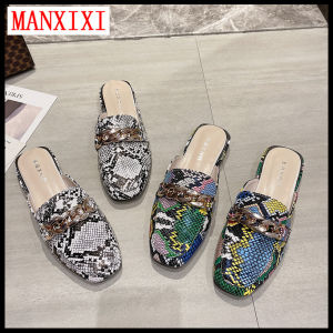 MANXIXI Fashion Loafers Beautiful Gold Chain Snake Skin Patten Mules Sandals For Women (Size 35-43)