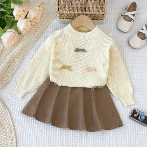Bear Leader Ternos Girls Clothing Sets Winter Colorful Bow Sweater Pullover Top+Solid Color Pleated Skirt Suits for Baby Thick Casual Outfits Childrens Knitting Clothes 3-7 Years