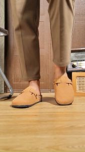 Mens Suede Closed Toe Cork Clogs Adjustable Buckle Mules with Non-Slip Outsole for Casual Daily Wear