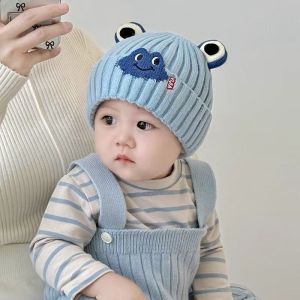 หมวกไหมพรมสำหรับเด็กฤดูใบไม้ร่วงและฤดูหนาว ป้องกันหูและให้ความอบอุ่น เหมาะสำหรับเด็กอายุ 0-2 ปี