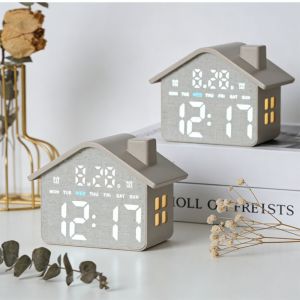 HOMEVOYAG Voice Control LED Digital Alarm Clock Week Display Date Display House Shaped Clock Simple Design Brightness Adjustment Electronic Table Clock Bedside Decoration