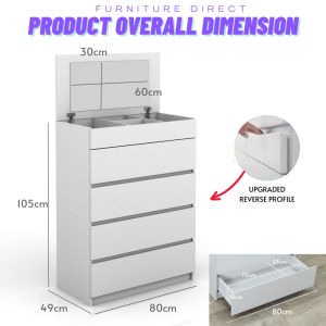 Furniture Direct VESTA Premium Grade 4 Drawer Dresser Closet Chest With Mirror-White