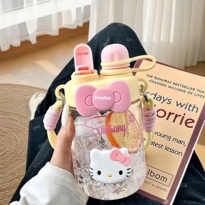 JOYNCLEON Dễ thương Hello Kitty chai nước mùa hè đôi uống cốc nhựa cầm tay với rơm cho cô gái