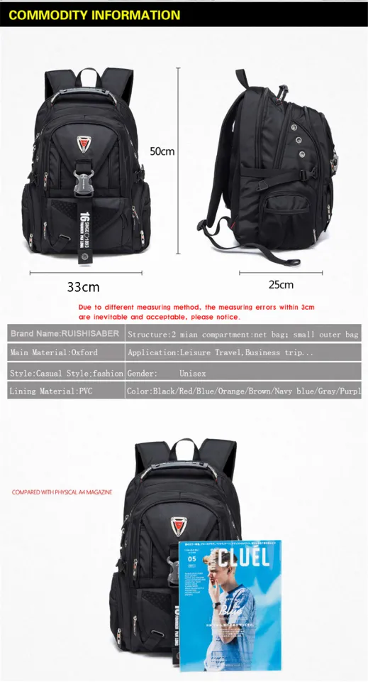 Waterproof Oxford Swiss Backpack Men 16 Inch Laptop backpacks