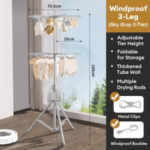 MOD Ampaian Baju Baby Stainless Steel 3 Tier Foldable Drying Rack with Wind-proof Clips & Hanging Rods | Heavy Duty Clothes Towel Drying Rack
