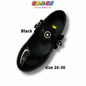 GRACE | Kids Girls Mary Jane Black Patent Leather Flat Shoes Floral Rhinestone Ultra Light Soft & Comfy Anti Slip Sole Size 26-30