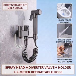 Grey Brass Bidet Spray Set 2-Way Angle Valve Mini Space Saving Double Outlet Tap Handheld Faucet
