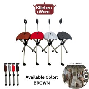 2-in-1 Folding Cane Chair – Support for Elderly & Those with Knee Pain/Difficulty Standing – Lightweight Walking Stick Seat (Brown)