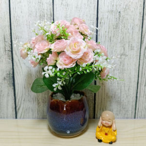 Chậu hoa hồng tỉ muội để bàn VI105 ( hoa lụa cao 20cm chậu sứ đường kính 9cm) hoa giả trang trí