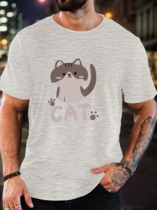 Mens 100% Cotton Printed T-Shirt Cat Pattern Summer Casual Oversized Round Neck Short Sleeve Comfortable Daily Wear Tee