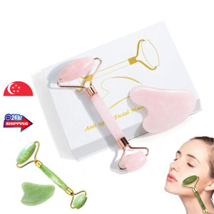 Efreshme Premium Natural Rose Quartz Jade Amethyst Roller and Gua Sha Set for Face Lifting Slimming Beauty Tool Massage