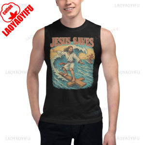 [Local Stock] HBESTY  Jesus Surfing Muscle Tank Tops Christian Graphic Workout Faith Surf Beach Shirt Christian Gym Tank Religious Summer Muscle Tee