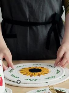 FCOMK American Style Placemats For Dining Table Cotton Placemats & Coasters Doormat Sunflower Design Theme