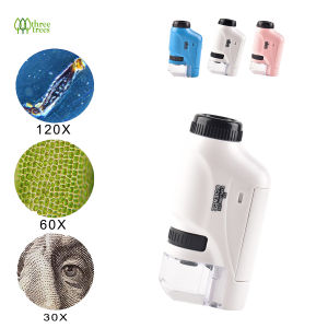 threetrees Mini Pocket Microscope Kit 60-120x Lab Handheld Microscope Kids Science Microscope Toy with LED Light Children Science Toy For Kids