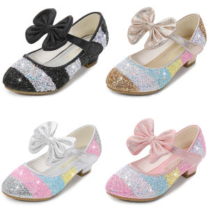 Striped Shining Bow Princess High Heel Shoes Kids Stage Performance Shoes Wedding Carnival Halloween Party Luxury Sequin Shoes