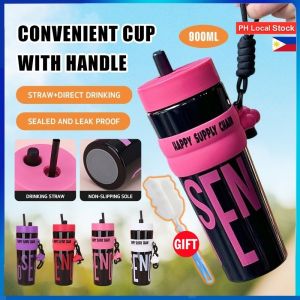 【BUY 1 TAKE 1 GIFT】900ml Cute Large Capacity Straw Cup Outdoor Portable Straw Cup Dopamine Water Bottle With Handle For Sports【Zsfuture】