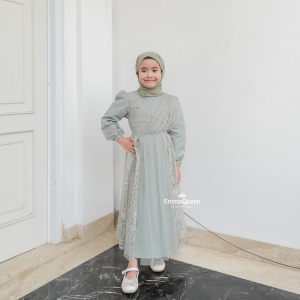 EmmaQueen - Dress Heidy Kids Gamis Anak Perempuan Katun Tile Kombinasi Brukat Mutiara Wudhu Friendly Karet Pinggang