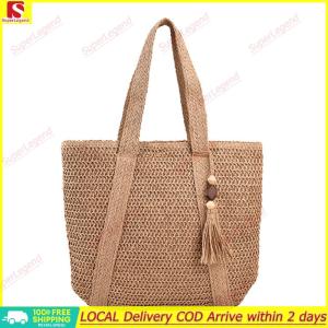 【Big Sale】Hand-Woven Handbags Fashion Ladies Woven Bag Handmade Simple Large Capacity with Tassel Pendant Shopping Handbag Tote【SuperLegend】