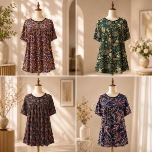 Baju Batik Blouse Plus Size 5XL/Baju Bunga Ibu Nenek/Women Casual Floral Blouse/Baju Blouse Size Besar/Blouse Wanita