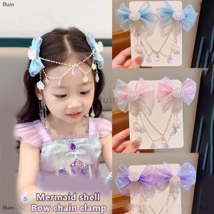[COD] Buin Cartoon Girls Hair Clip Children Mermaid Princess Fringe Pink Purple Bow Forehead Chain Hairpin Fairy Earhook Accessories