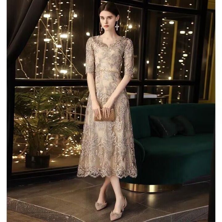 High end banquet niche luxury evening dress champagne gold ladies temperament party host dress luxury high grade texture lace embroidery wedding mother dress Lazada Singapore