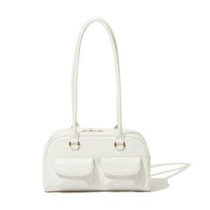 COLOO Korean Style PU Bowling Bag Handbag Solid Color Underarm Bag Retro French Style Pocket Boston Tote Bag Outdoor