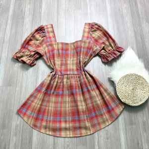 Áo sơ mi bigsize nữ dáng babydoll tay bồng chất vải caro sọc nhún bèo sau lưng dành cho nàng chuppy 58-95kg SM27