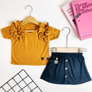BOBOHO - SETELAN ROK ANAK PEREMPUAN LOKAL / ATASAN LENGAN RUFFLE DAN ROK KANCING ANAK PEREMPUAN CANTIK