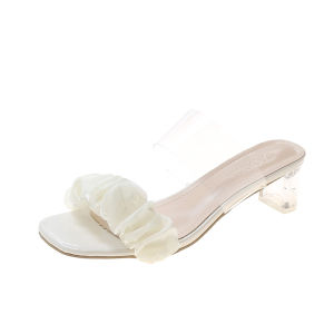 [Free Shipping] Summer 2025 New Korean Style Fashionable High-Heeled Slippers Square-Toed One-Line Crystal Heel Womens Shoes