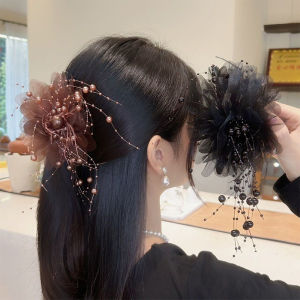 Minwen ที่หนีบผมแฟชั่นรูปดอกไม้ตาข่ายสีดำสำหรับผู้หญิงที่หนีบผมทรงหางฉลามสำหรับผู้หญิงเครื่องประดับศีรษะกิ๊บหนีบผมรูปดอกไม้